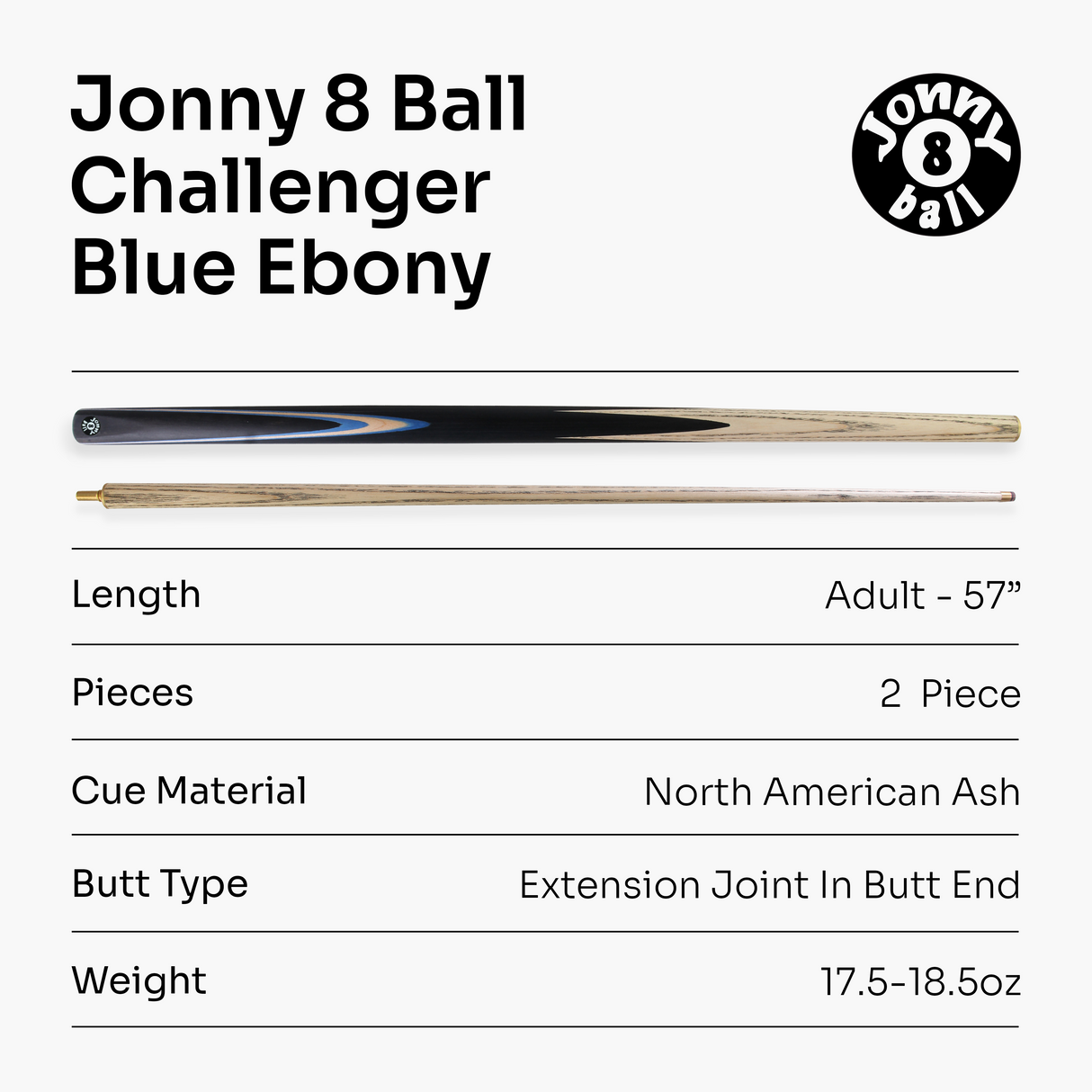 Jonny 8 Ball Challenger 57 Inch 2 Piece English Pool Cue and Case Set with 8mm Pro Leather Tip with Black Hard Case