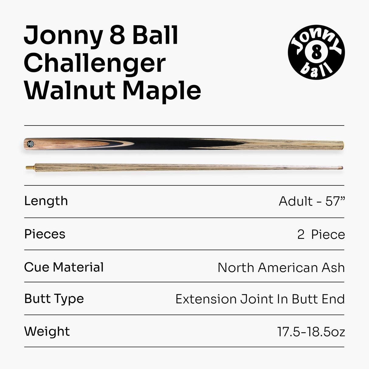 Jonny 8 Ball Challenger 57 Inch 2 Piece English Pool Cue and Case Set with 8mm Pro Leather Tip with Black Hard Case