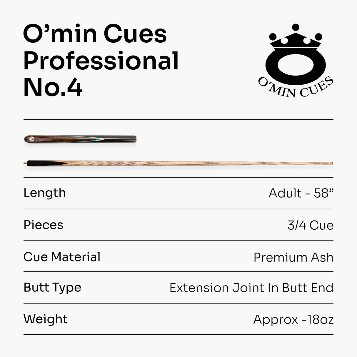 O'min Professional #4 3/4 Joint Snooker Cue with 9.75mm O'min Pro Tip