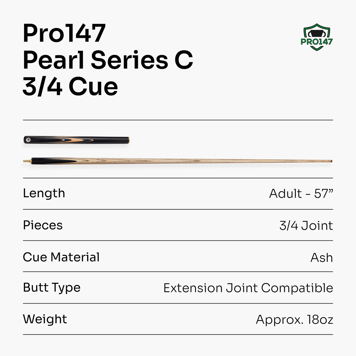 PRO147 Pearl Series Cream 57 Inch 3/4 Jointed Snooker Pool Cue 9.5mm Pro Leather Tip