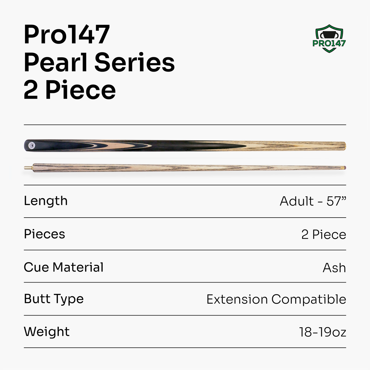 PRO147 Pearl Series Cream Hand Spliced 2 Piece 57 Inch Snooker Pool Cue with Smooth Premium Ash Shaft and Ebony Style Butt with 9.5mm Pro Leather Tip