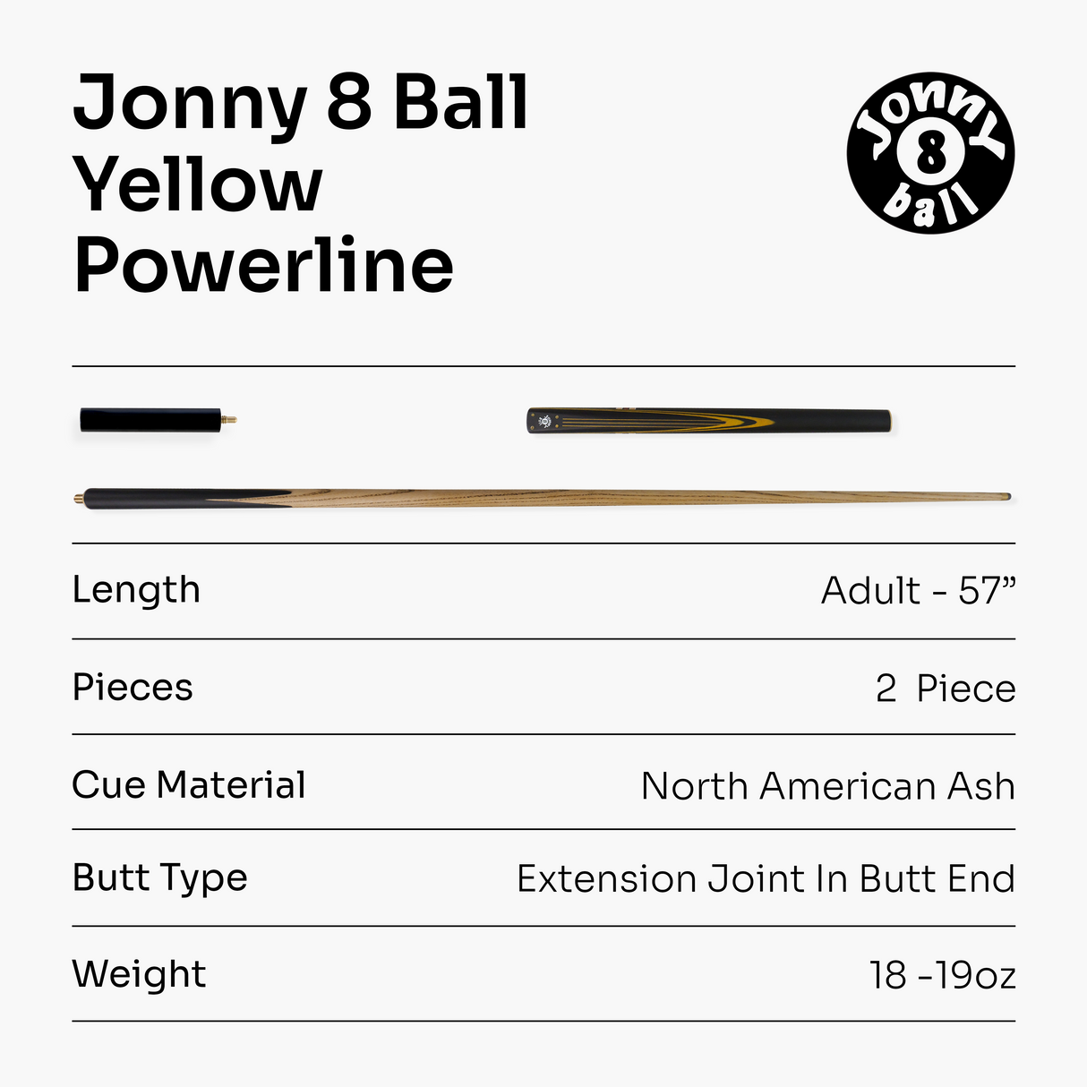 Jonny 8 Ball 57 Inch Traditional ¾ Jointed Ash Snooker Pool Cue 9mm tip + Mini Butt Jonny 8 Ball