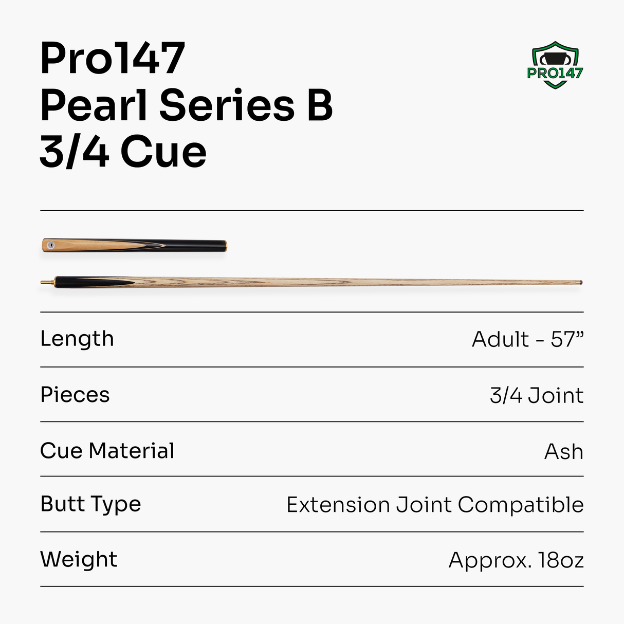 PRO147 Pearl Series Olive 57 Inch 3/4 Jointed Snooker Pool Cue 9.5mm Pro Leather Tip