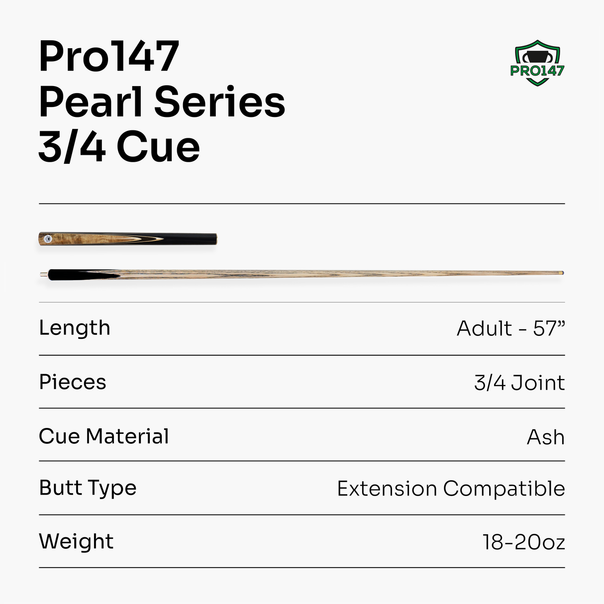 PRO147 Pearl Series Gold Camphor 57 Inch 3/4 Jointed Snooker Pool Cue 9.5mm Tip