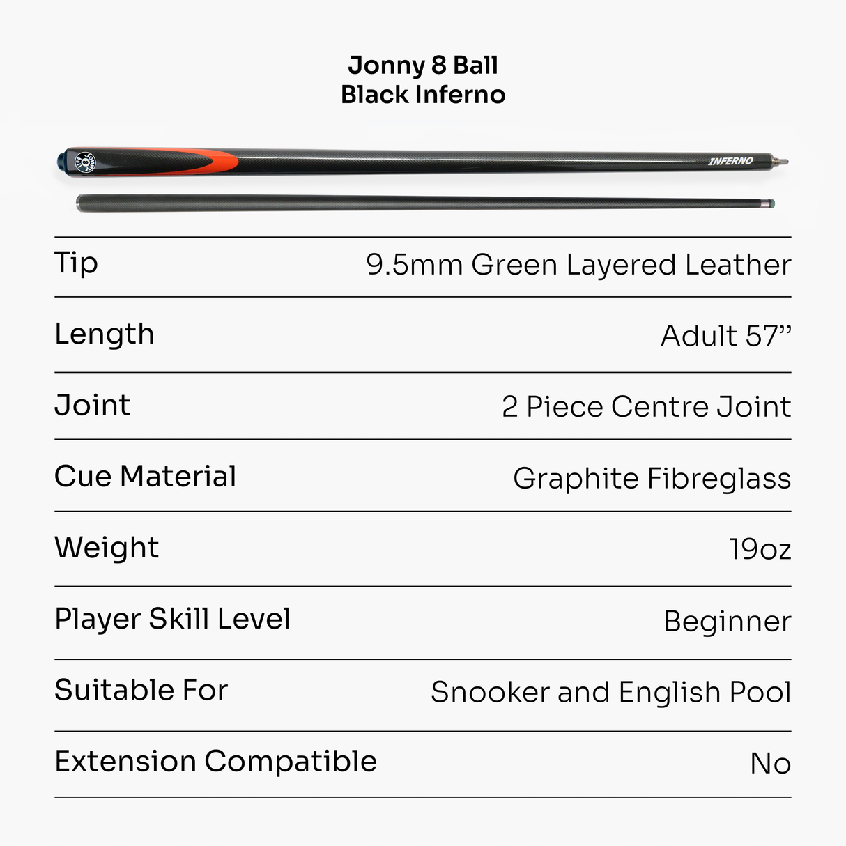 Jonny 8 Ball Inferno 2 Piece Graphite Fiberglass Cue and Case Set 9.5mm Green Layered Tip