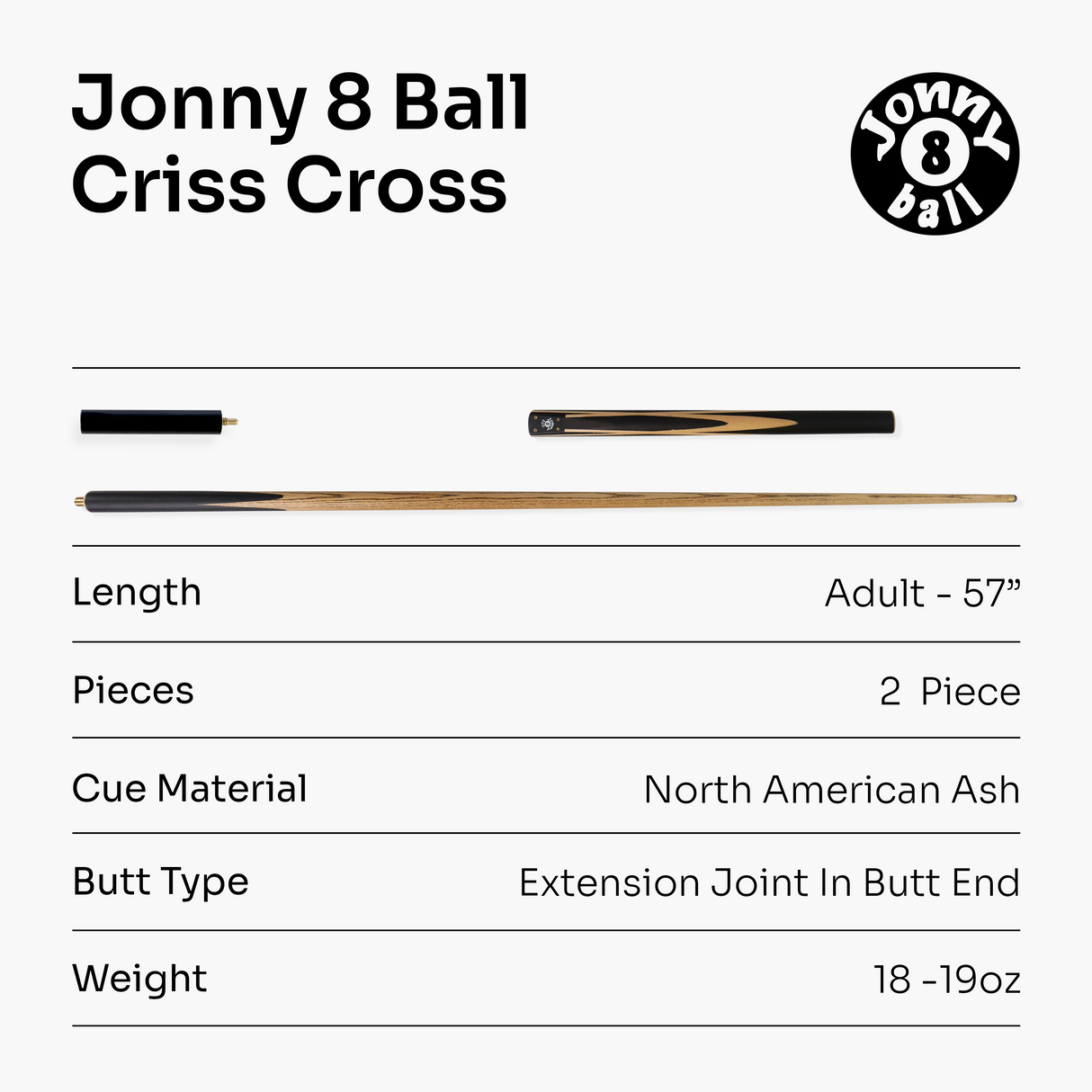 Jonny 8 Ball 57 Inch Traditional ¾ Jointed Ash Snooker Pool Cue 9mm tip + Mini Butt Jonny 8 Ball