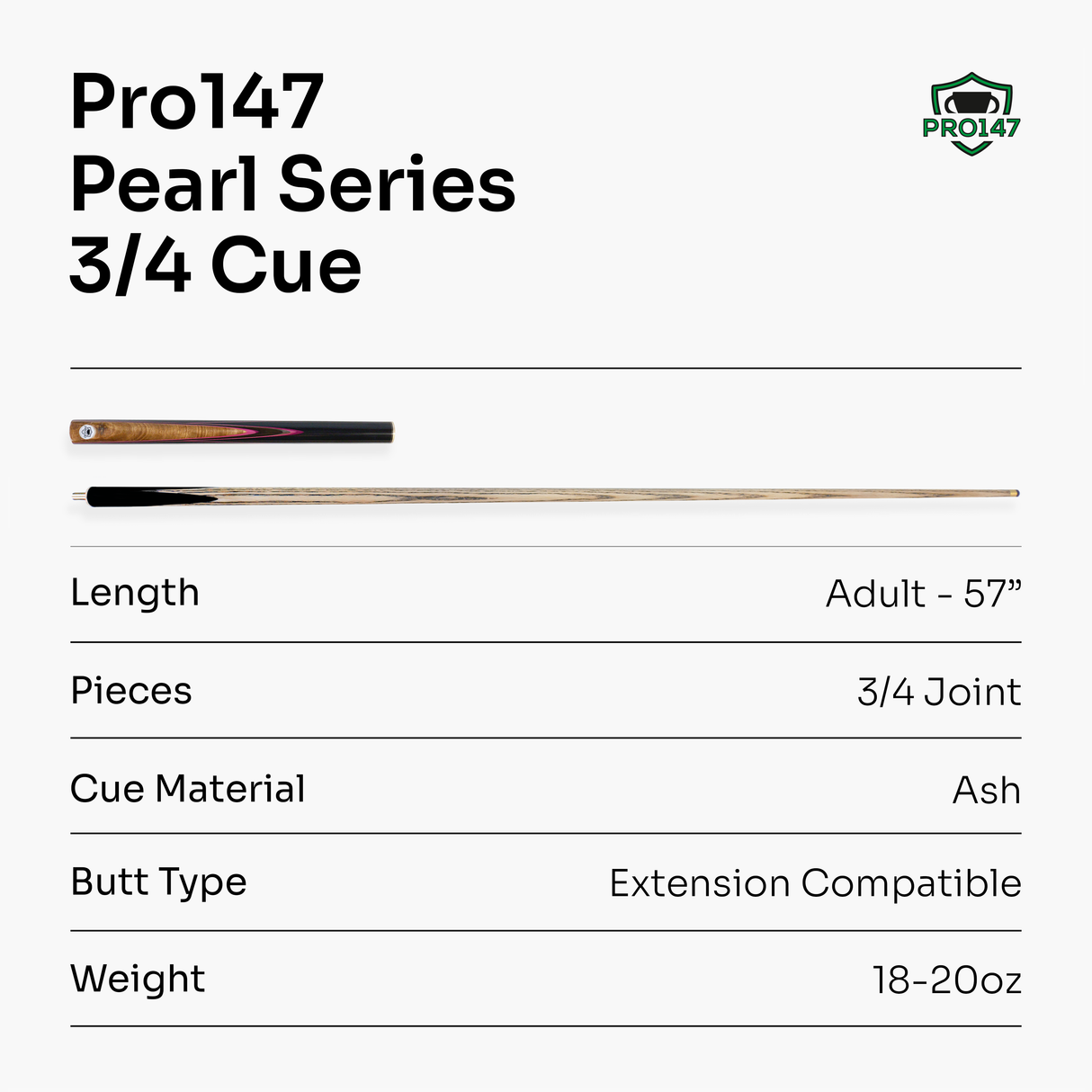PRO147 Pearl Pink 3/4 Snooker Pool Cue 57" 9.5mm Tip | Cue + Case