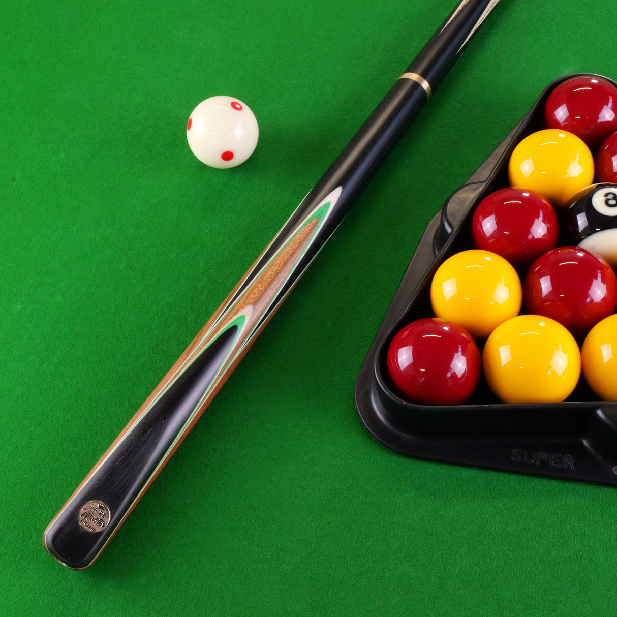 Baize Master Limited Edition Gold Series Green Flash 57 Inch ¾ Professional English Pool Cue 8.5mm with with Hand Fitted PRO SPIN Medium Tip - Hand Finished in the UK by Cue Care Jim using Lynch’s Cue Balm