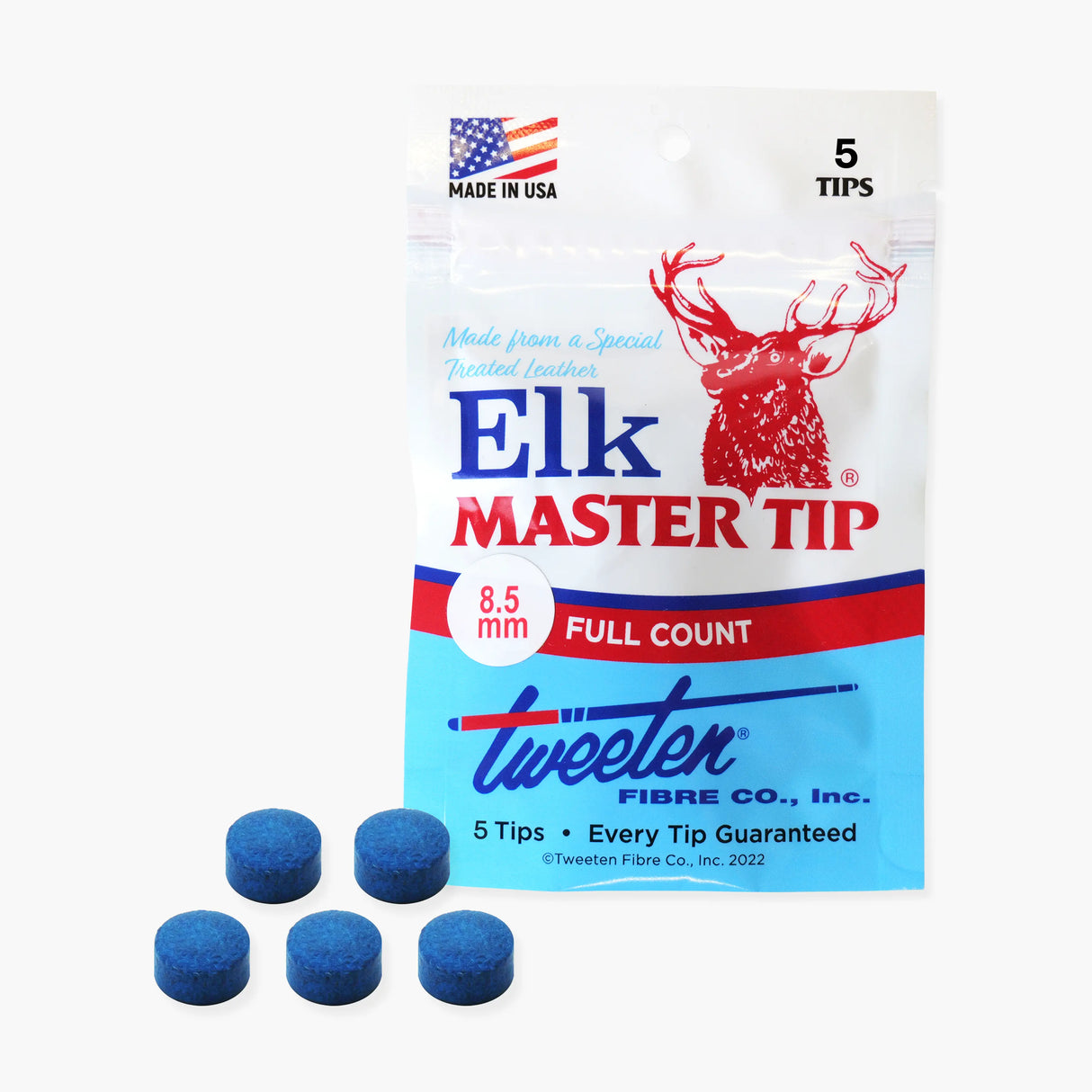 5 X 8.5mm Tweeten ELK MASTER Leather Snooker Pool Cue Tips - FREE Sandpaper Tweeten