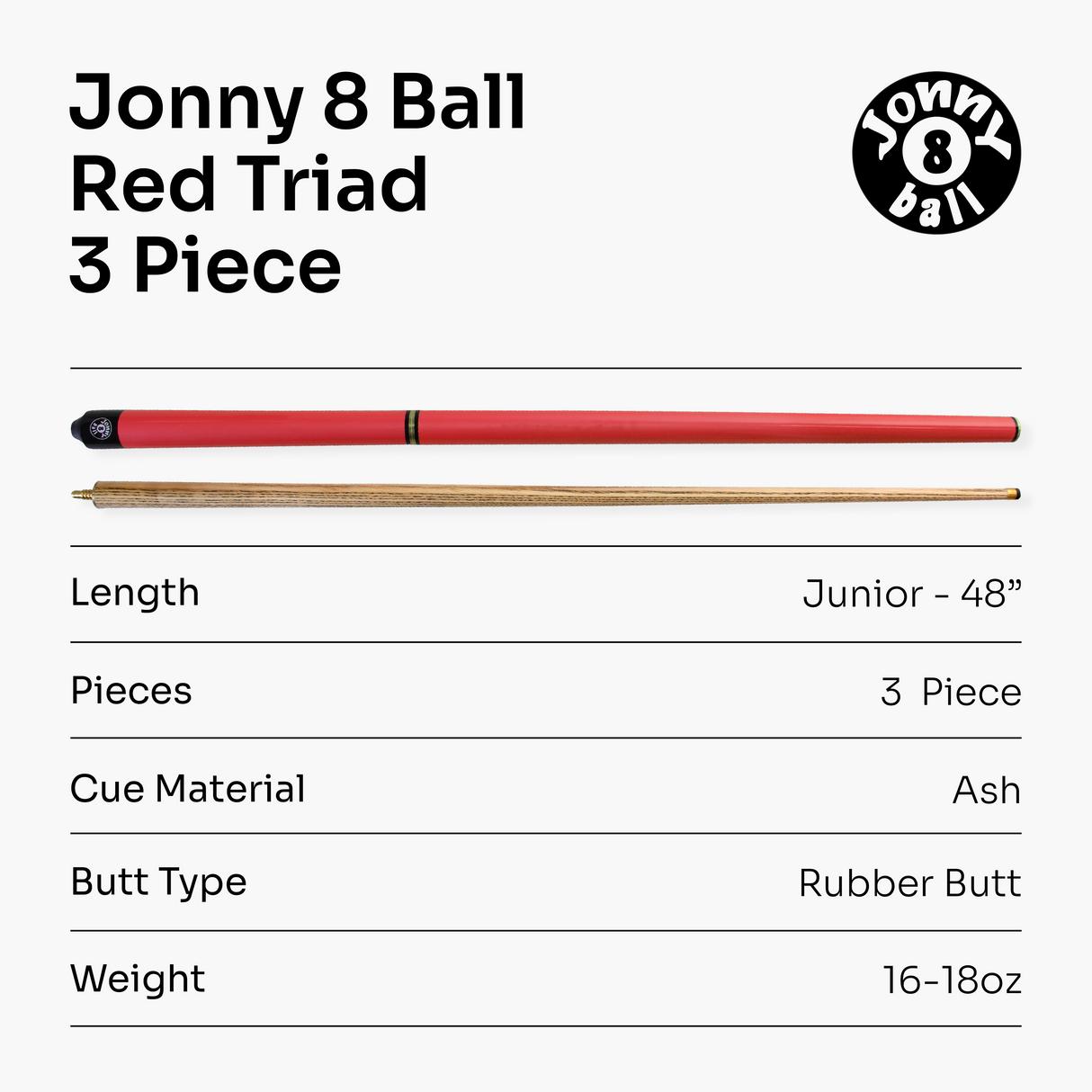Jonny 8 Ball 48 Inch JUNIOR TRIAD 3 Section Kids Snooker Pool Cue - 9mm Tip