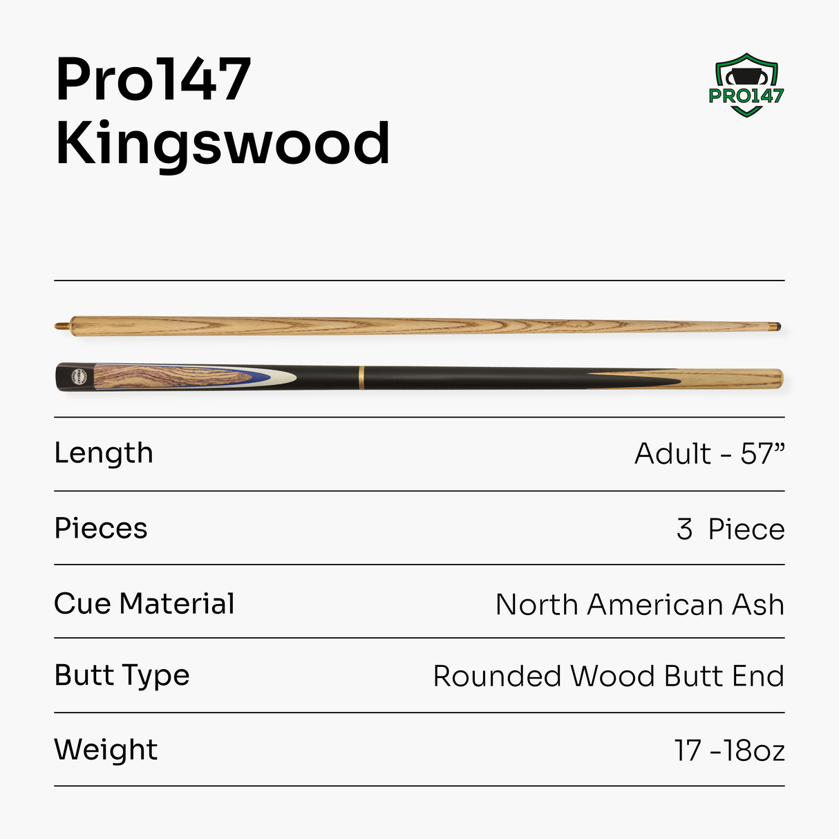 Pro147 Kingswood 3pc Snooker Pool Cue 57 Inch with Matching Ash Grain and 9.5mm Tip PRO147