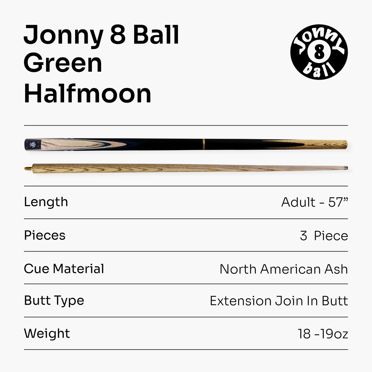 Jonny 8 Ball 57 Inch 3 Piece Length Adjustable Snooker Pool Cue 9mm Tip - Shorten to 44"