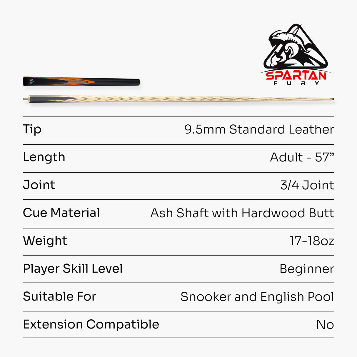 Spartan Fury VANQUISH 3/4 Joint Snooker Pool Cue and Soft Case Set 9.5mm Tip