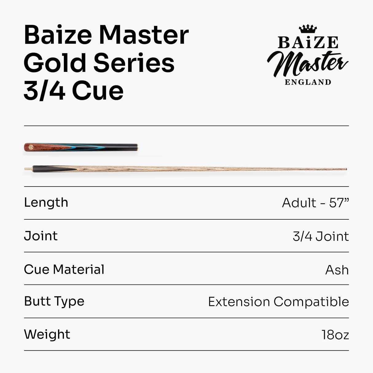 Baize Master Gold Series Blue Ascot 3/4 Joint Hand Spliced English Pool Cue with 8.5mm Tip