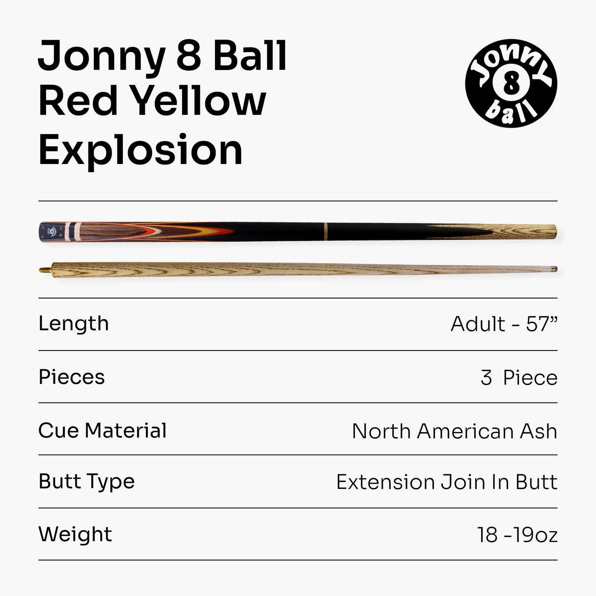 Jonny 8 Ball 57 Inch 3 Piece Length Adjustable Snooker Pool Cue 9mm Tip - Shorten to 44"