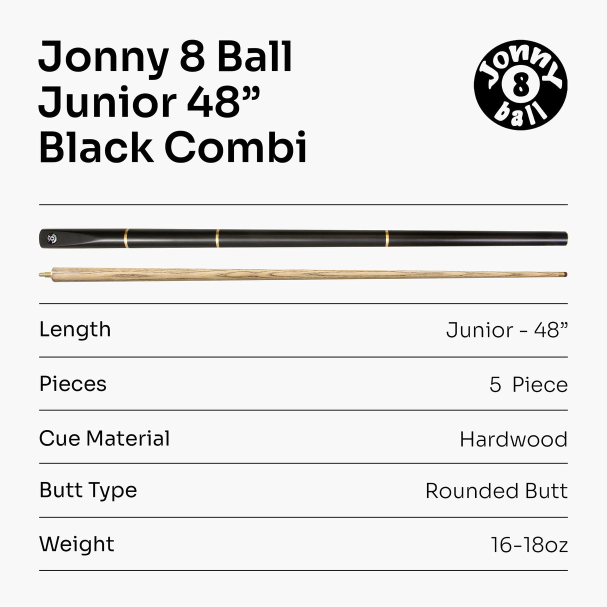 Jonny 8 Ball JUNIOR COMBI 48 Inch Adjustable 5pc Ash Pool Snooker Cue – 9mm Tip