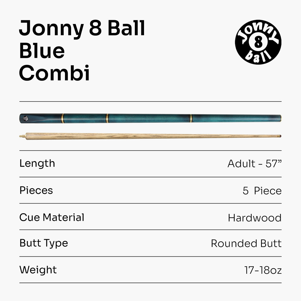 Jonny 8 Ball COMBI Length Adjustable 5 Piece Ash Snooker Pool Cue – 9mm Tip