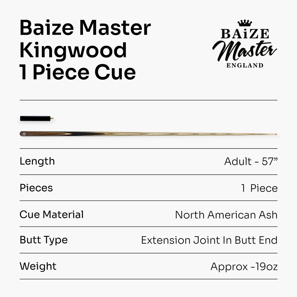 Baize Master Kingswood 57 Inch One Piece Professional Ash Snooker Pool Cue with 9.5mm Pro-Impact Medium Tip