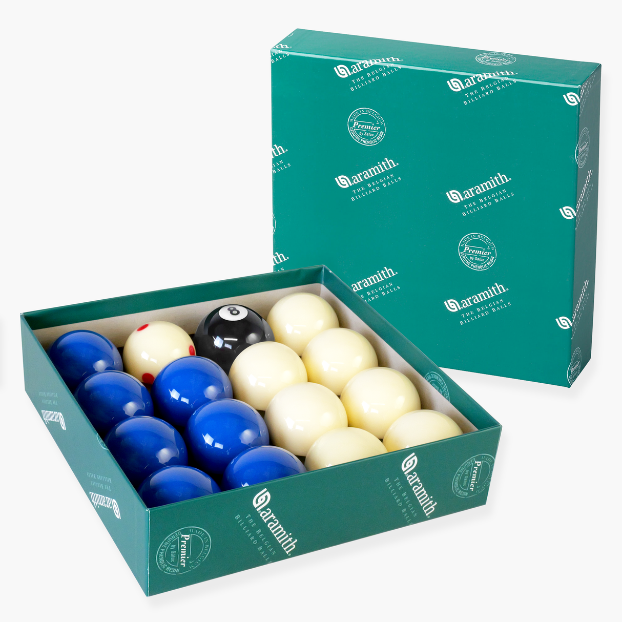 Aramith Blue and White Premier English Pool Balls with Black 8 Ball and Pro Cup Cue Ball