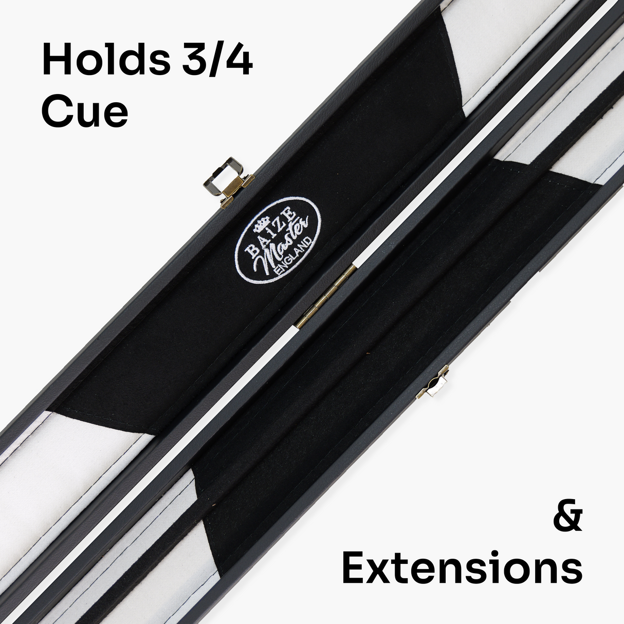 Baize Master BLACK + WHITE INTERIOR 3/4 Deluxe Black Pool Snooker Cue Case with Plastic Ends and Embroidered Logo Baize Master