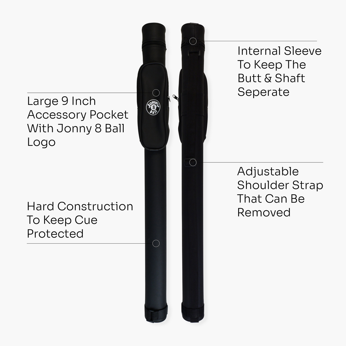 Jonny 8 Ball Black Tubular Cue Case + Shoulder Strap + 9 inch Accessory Pocket - Holds 2pc Snooker or Pool Cue