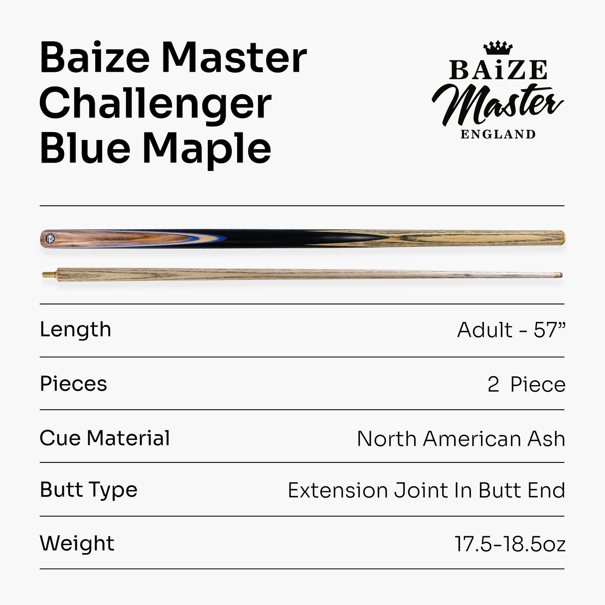 Baize Master Challenger 57 Inch 2 Piece Centre Joint Snooker Pool Cue 9.3mm Pro Leather Tip