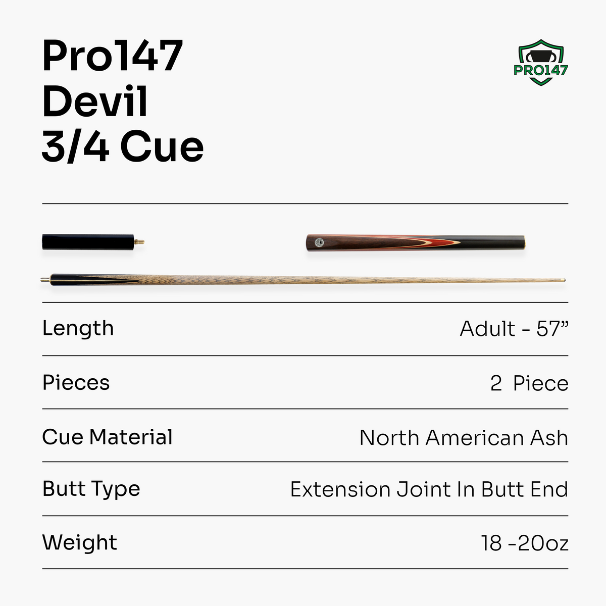 Pro147 CLASSIC 3/4 Jointed Snooker Pool Cue with Genuine Multi Spliced Butt 9.5mm Leather Tip and Quick Release + 6" Mini Butt