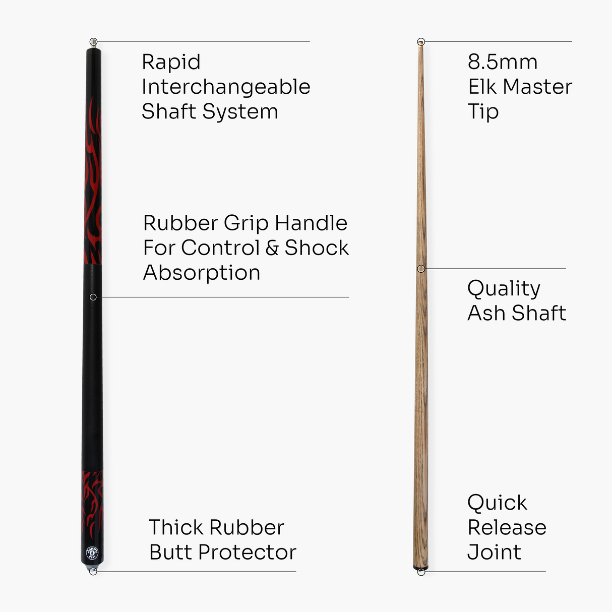 Jonny 8 Ball 57 Inch 2 Piece RISS Pool Cue 8.5mm Elk Master Tip - Interchangeable Shaft