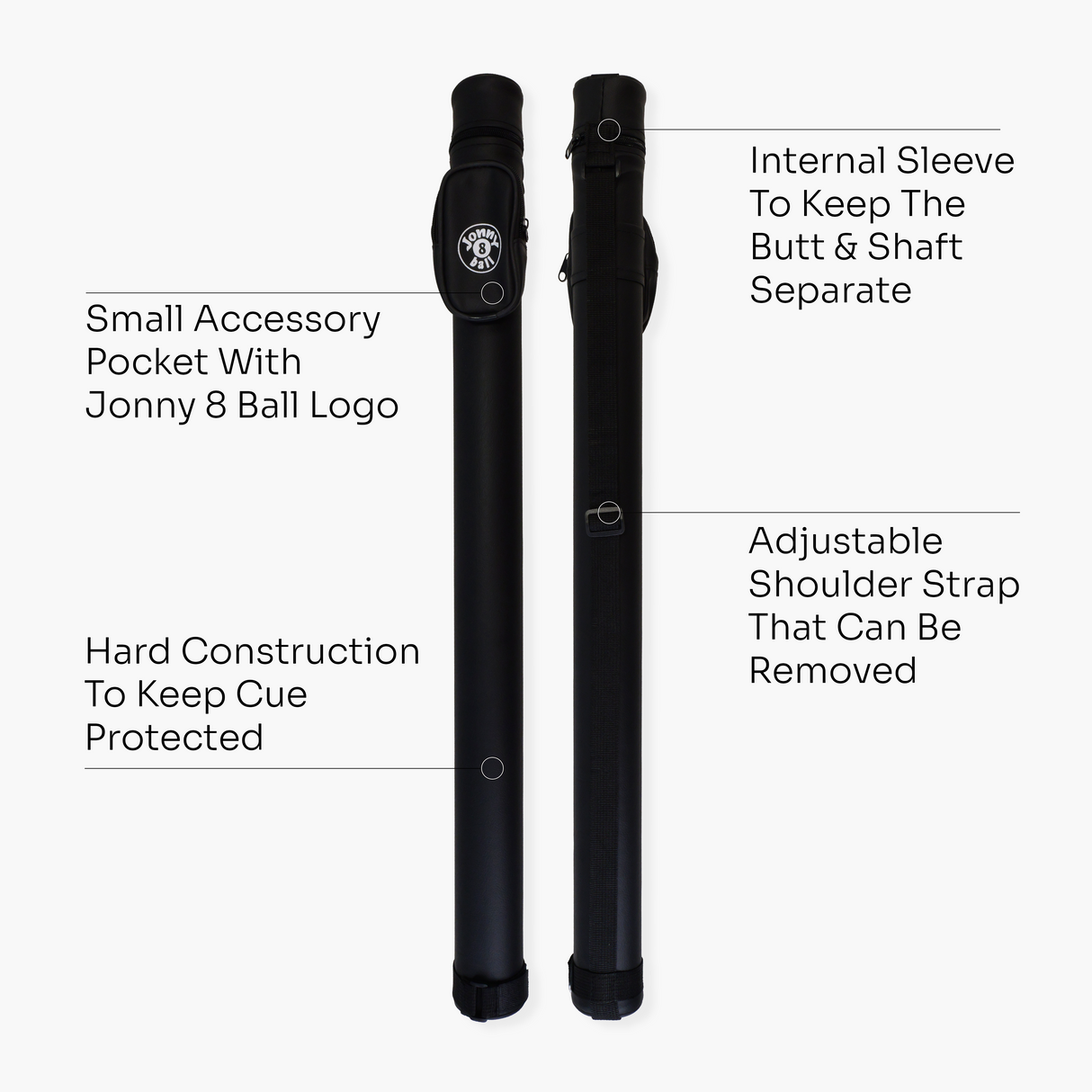 Jonny 8 Ball Black Tubular Cue Case + Shoulder Strap - Holds 2pc Snooker or Pool Cue