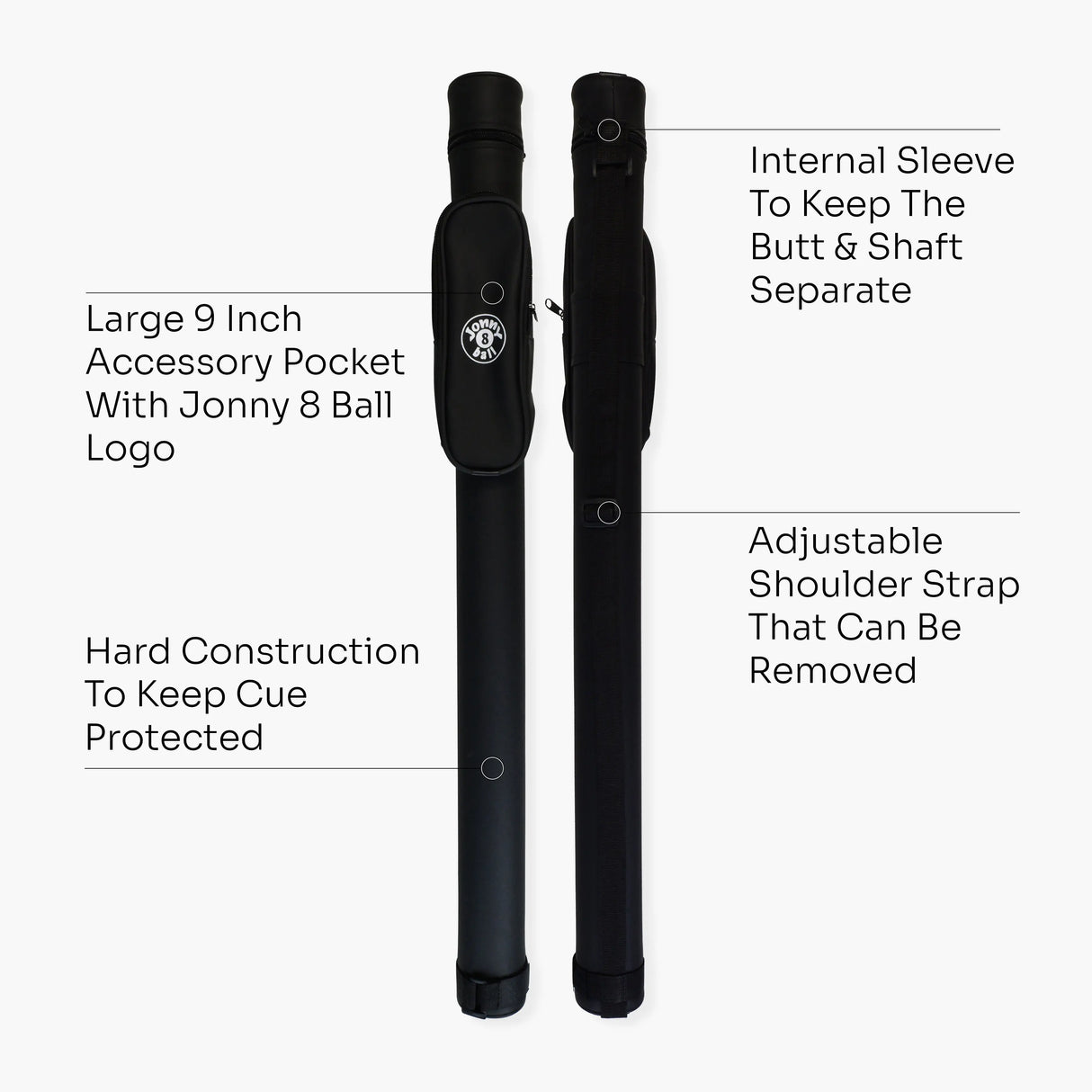 Jonny 8 Ball Black Tubular Cue Case + Shoulder Strap - Holds 2pc Snooker or Pool Cue Jonny 8 Ball