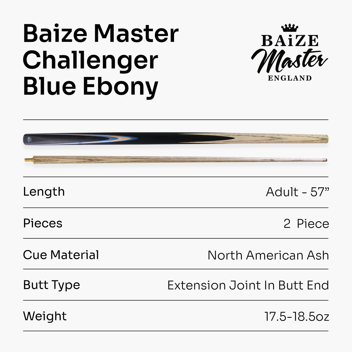 Baize Master Challenger 57 Inch 2 Piece Centre Joint Snooker Pool Cue 9.3mm Pro Leather Tip