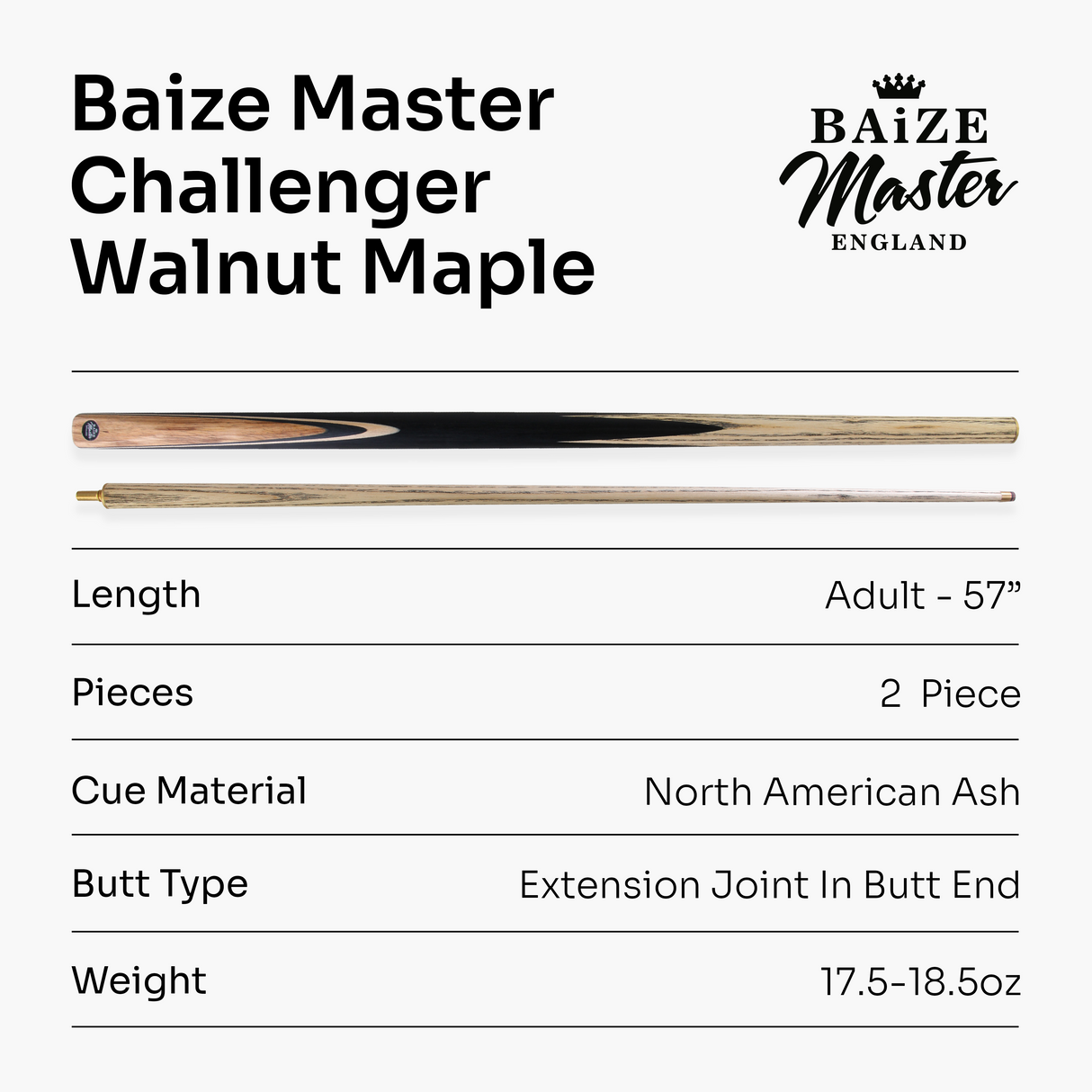 Baize Master Challenger 57 Inch 2 Piece Centre Joint Snooker Pool Cue 9.3mm Pro Leather Tip
