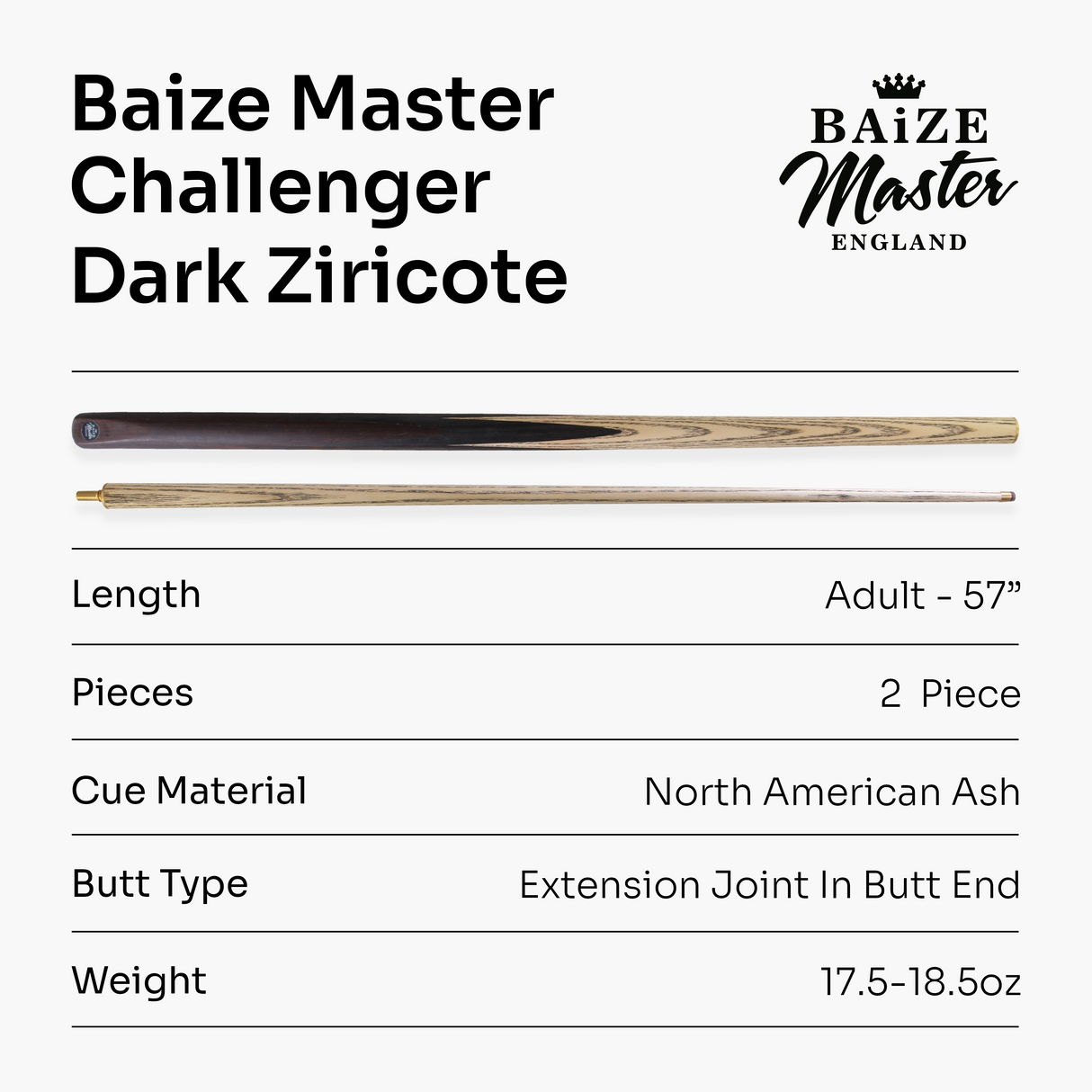 Baize Master Challenger 57 Inch 2 Piece Centre Joint Snooker Pool Cue 9.3mm Pro Leather Tip