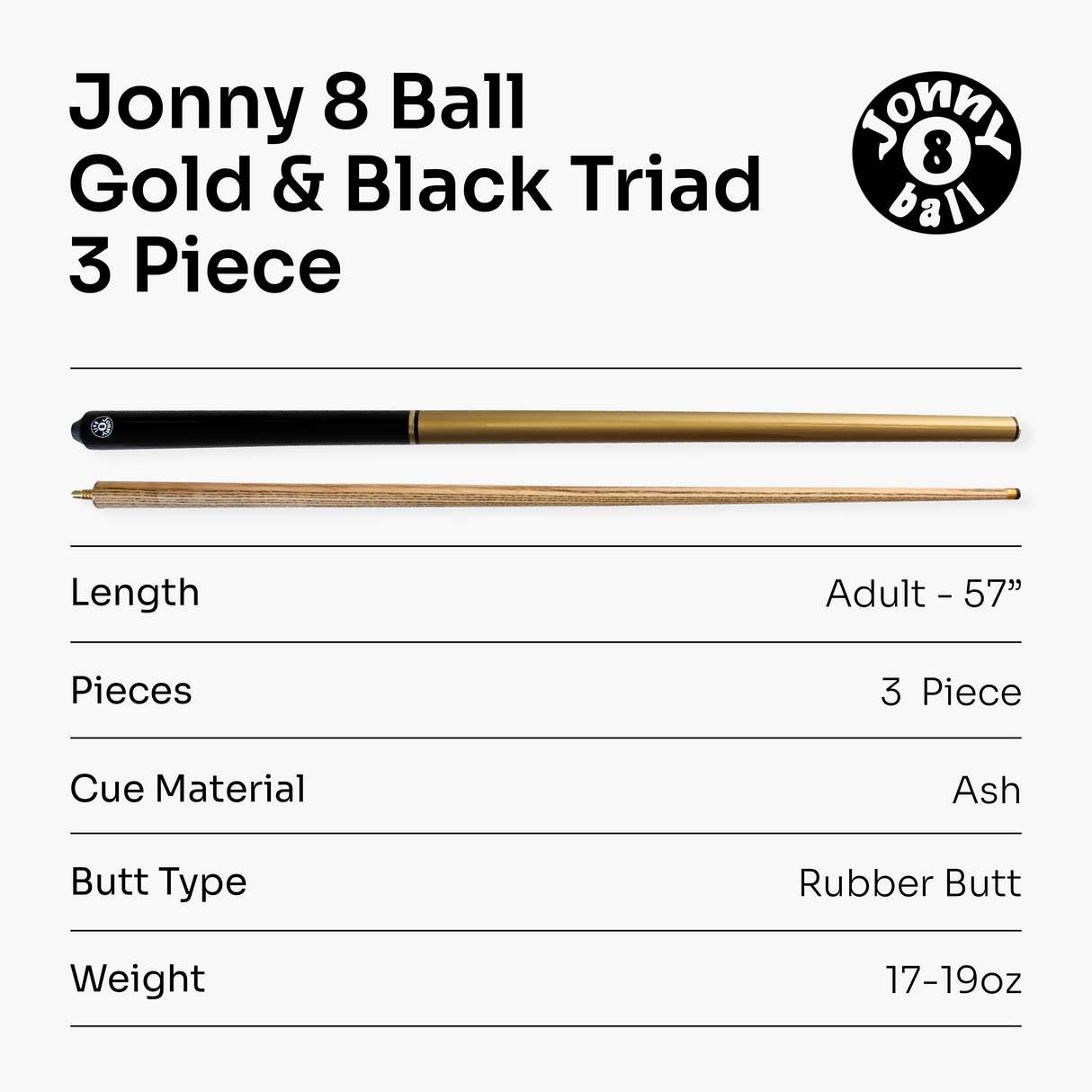 Jonny 8 Ball TRIAD 57 Inch 3 Piece Snooker Pool Cue 9.5mm Tip - Shorten to 39 Inch