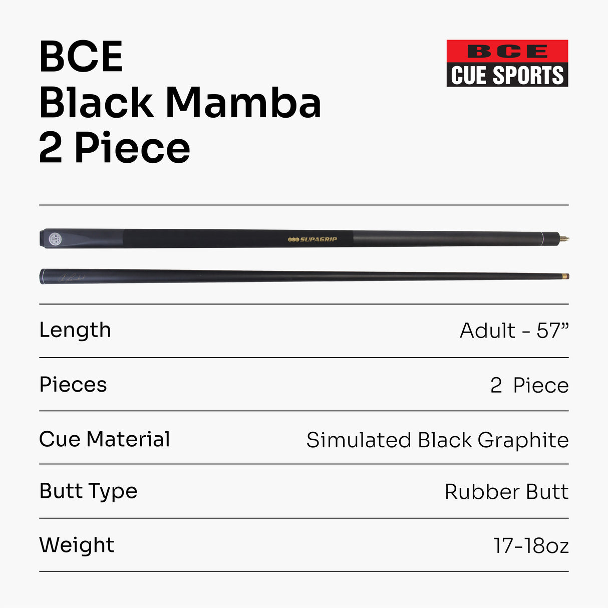 BCE Christophe Lambert Exclusive BLACK MAMBA English 8 Ball Pool Cue - 8.5mm Tip