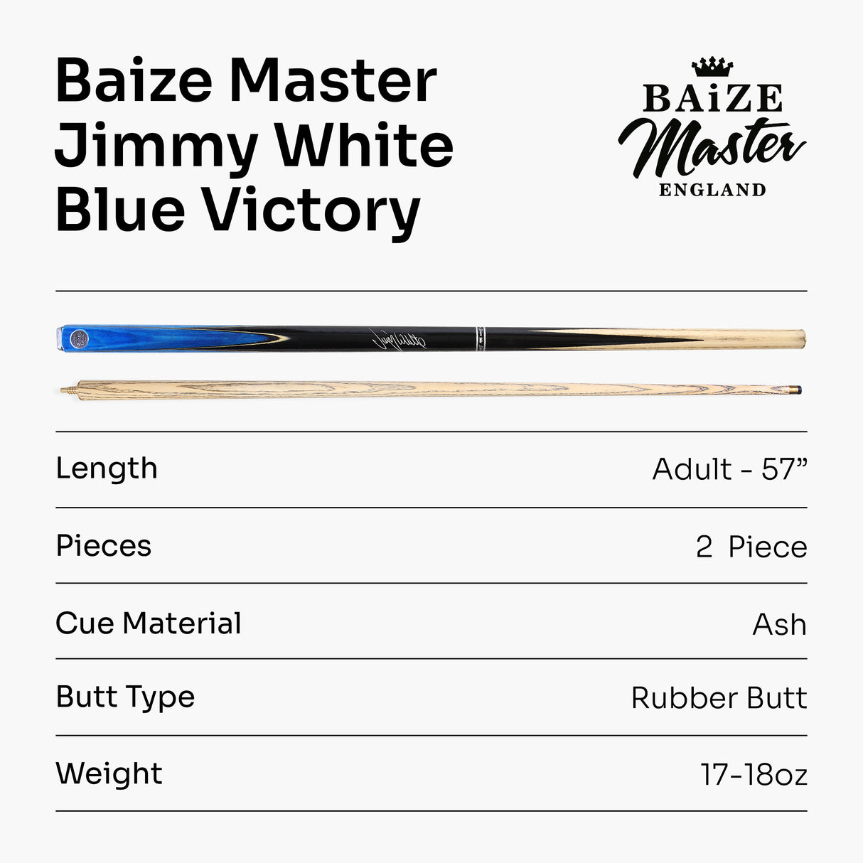 Baize Master 57 Inch Jimmy White Signature VICTORY 2 Piece Ash Snooker Pool Cue with 9.5mm Layered Tip