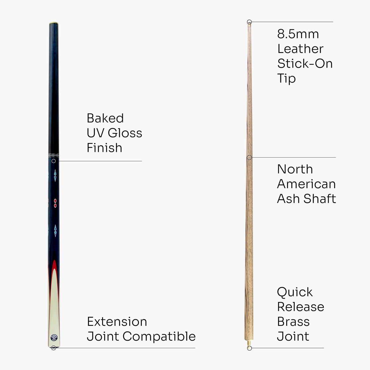 Jonny 8 Ball COMET 57 Inch 2 Piece Centre Joint Ash English Pool Cue with 8.5mm Tip
