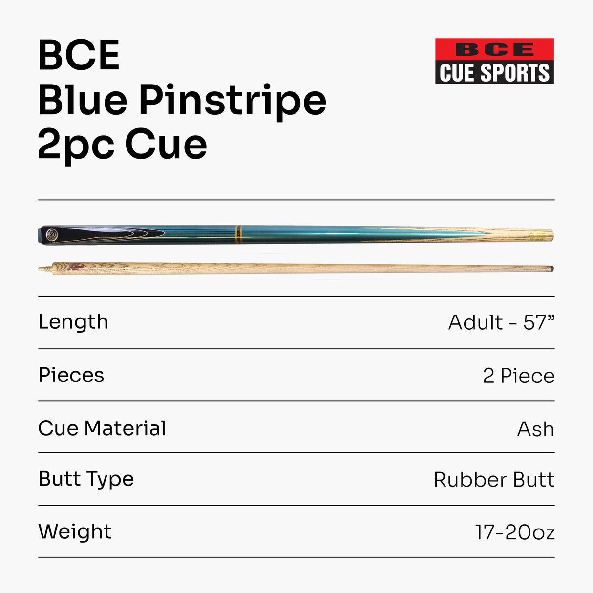 Stylish BCE BLUE PINSTRIPE 2 Piece Ash Snooker Pool Cue - 9.5mm Tip