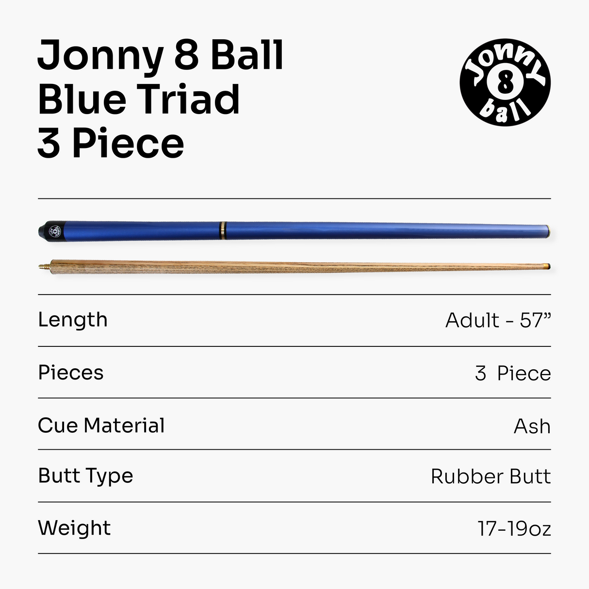 Jonny 8 Ball TRIAD 57 Inch 3 Piece Snooker Pool Cue 9.5mm Tip - Shorten to 39 Inch