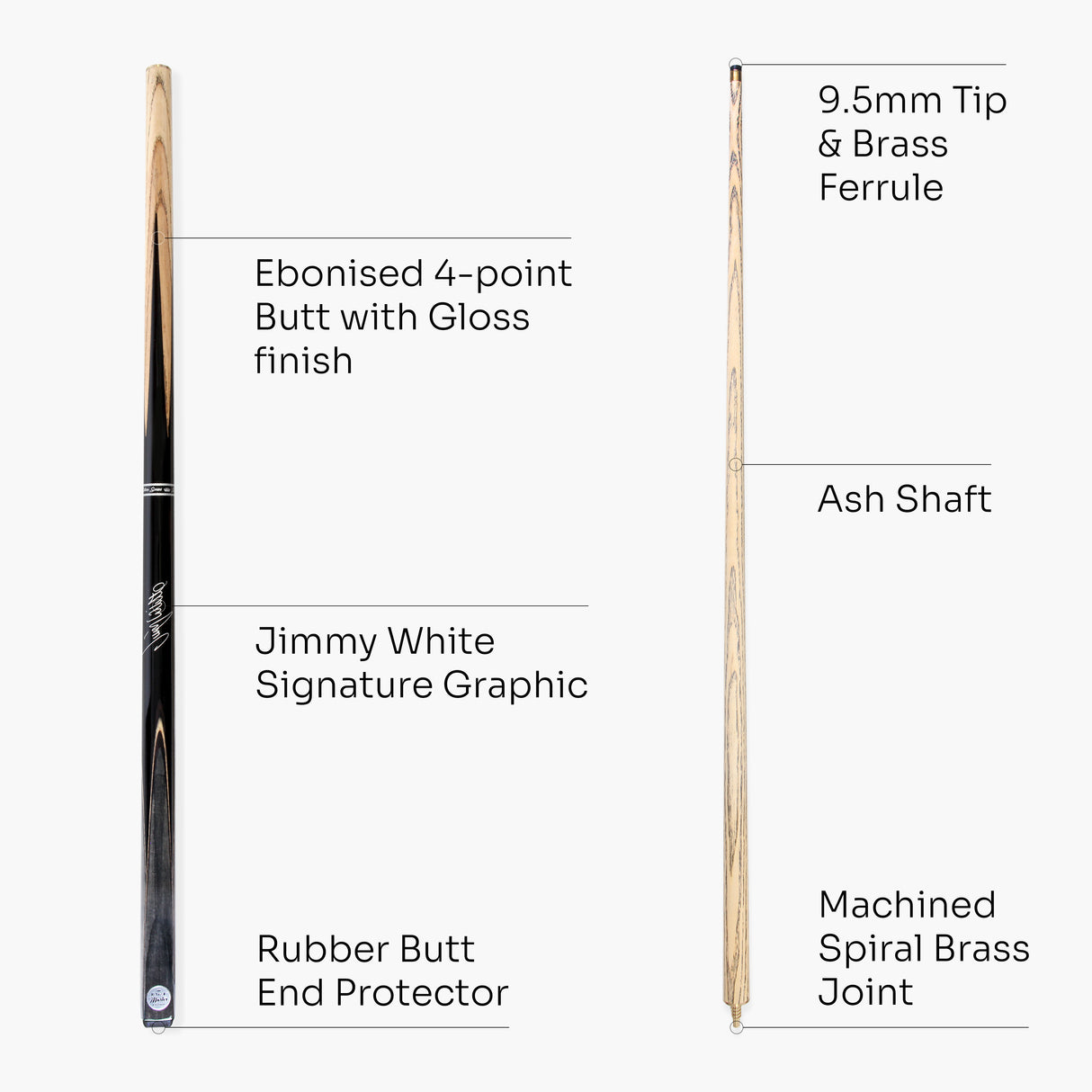 Baize Master 57 Inch Jimmy White Signature VICTORY 2 Piece Ash Snooker Pool Cue with 9.5mm Layered Tip