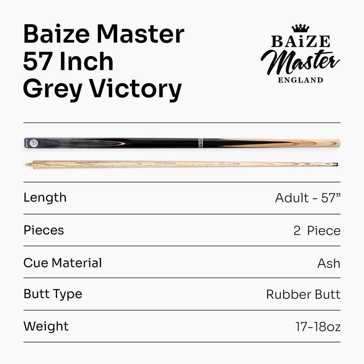 Baize Master VICTORY 57 Inch 2 Piece Ash Snooker Pool Cue with 9.5mm Layered Tip