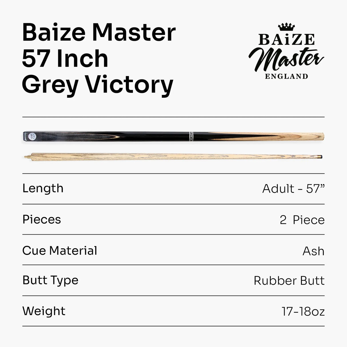 Baize Master VICTORY 57 Inch 2 Piece Ash Snooker Pool Cue with 9.5mm Layered Tip Baize Master