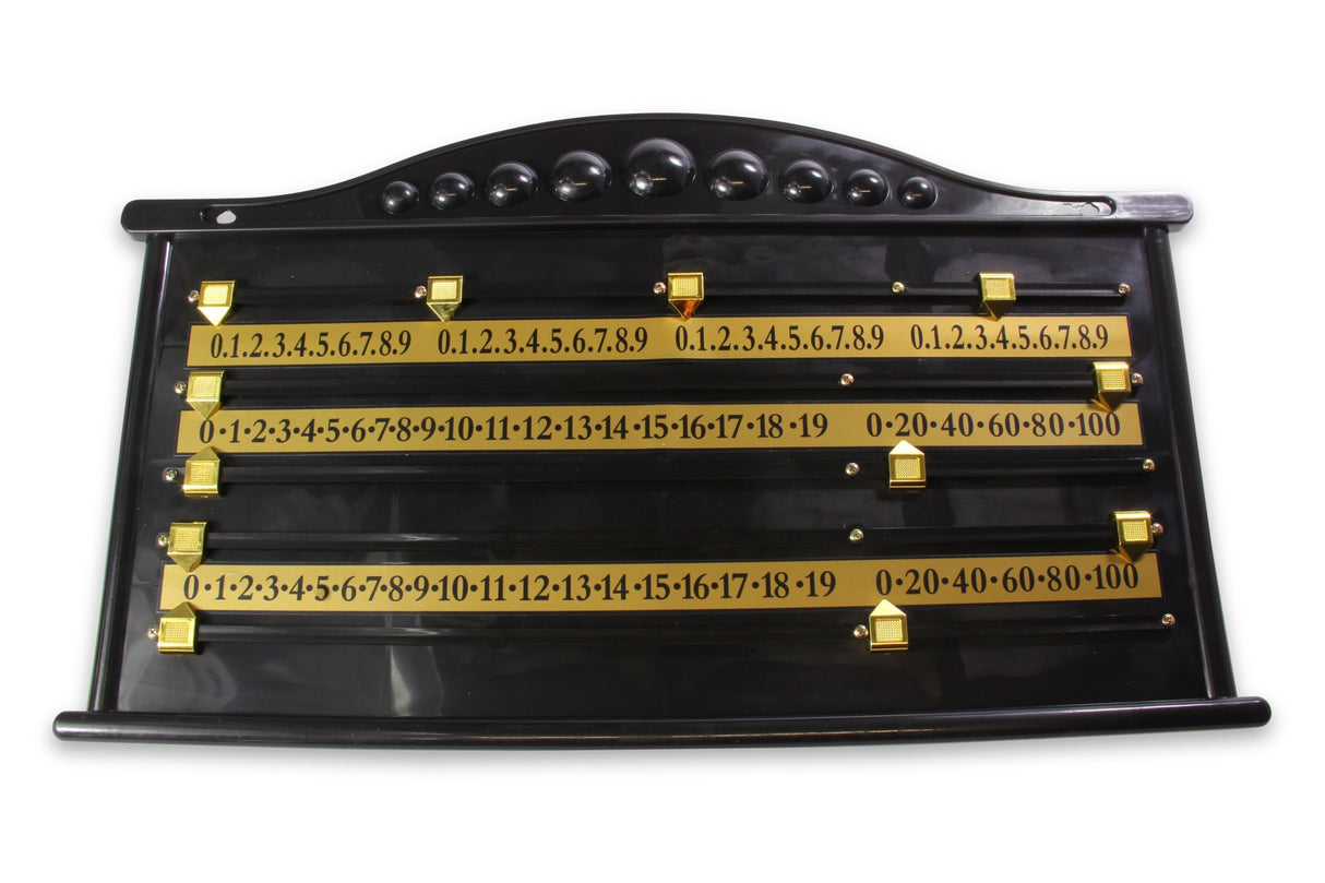 Black Plastic Economy 4 Player Snooker Scoreboard with Brass Coloured Plastic Markers Cue & Case