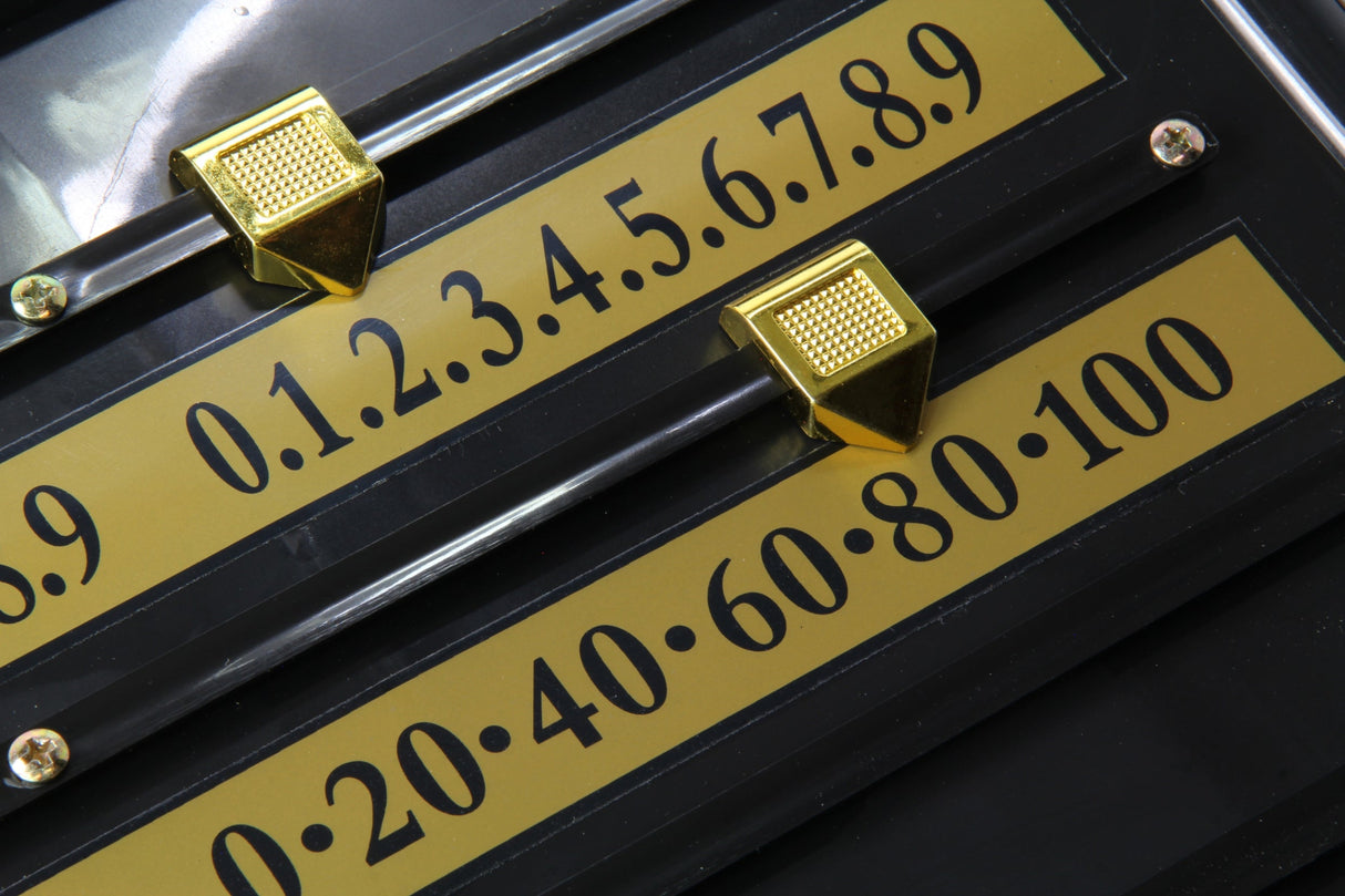 Black Plastic Economy 4 Player Snooker Scoreboard with Brass Coloured Plastic Markers Cue & Case