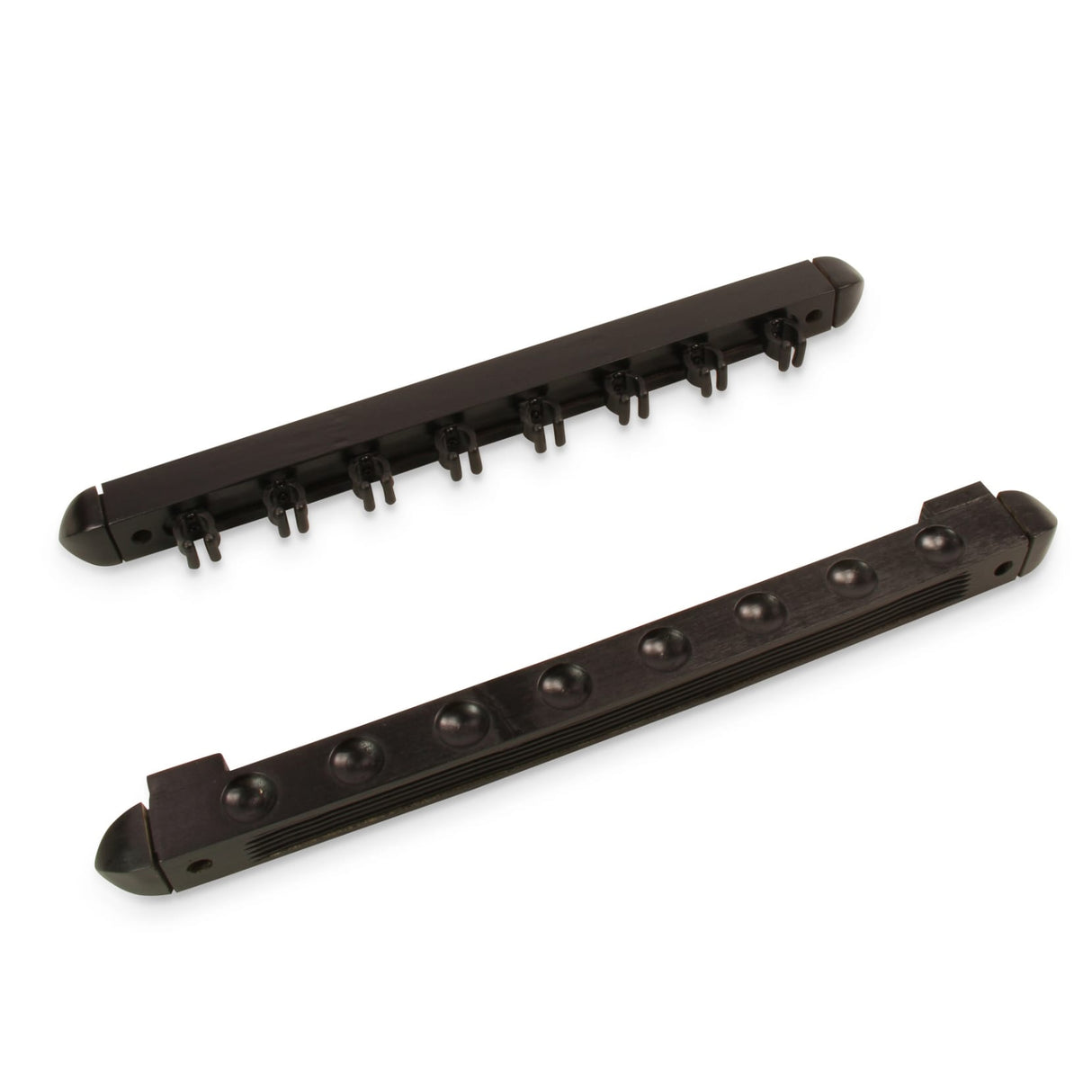 8 Way BLACK 2pc Wall Mounted PLASTIC CLIP Cue Rack - holds 8 Cues
