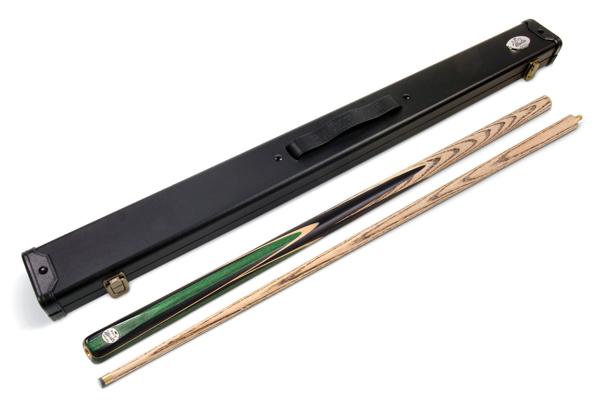 Baize Master GREEN JESTER 2 Piece 57 Inch Centre Joint Ash Snooker Pool Cue and Case Set 9.5mm Tip - With 2 Piece Black White Interior Case