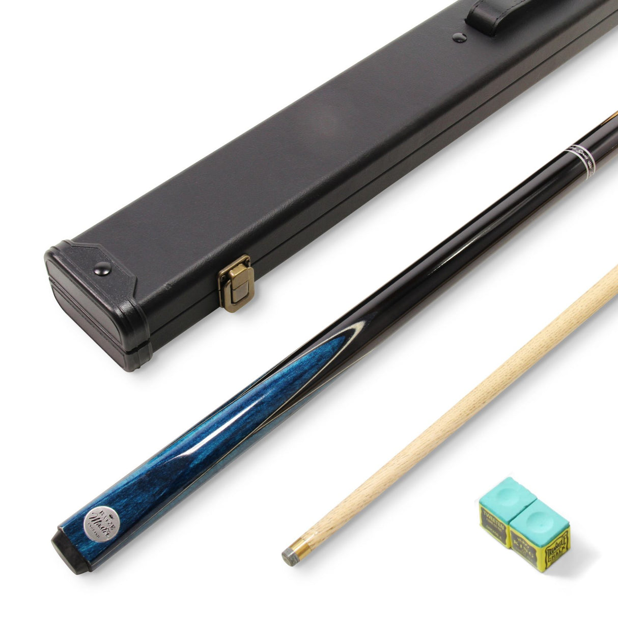 Baize Master Silver Series 57 Inch BLUE VICTORY Snooker Pool 2pc Ash Cue Set with Baize Master Black Metal Badge Case and 2 x Chalk- 9.5mm