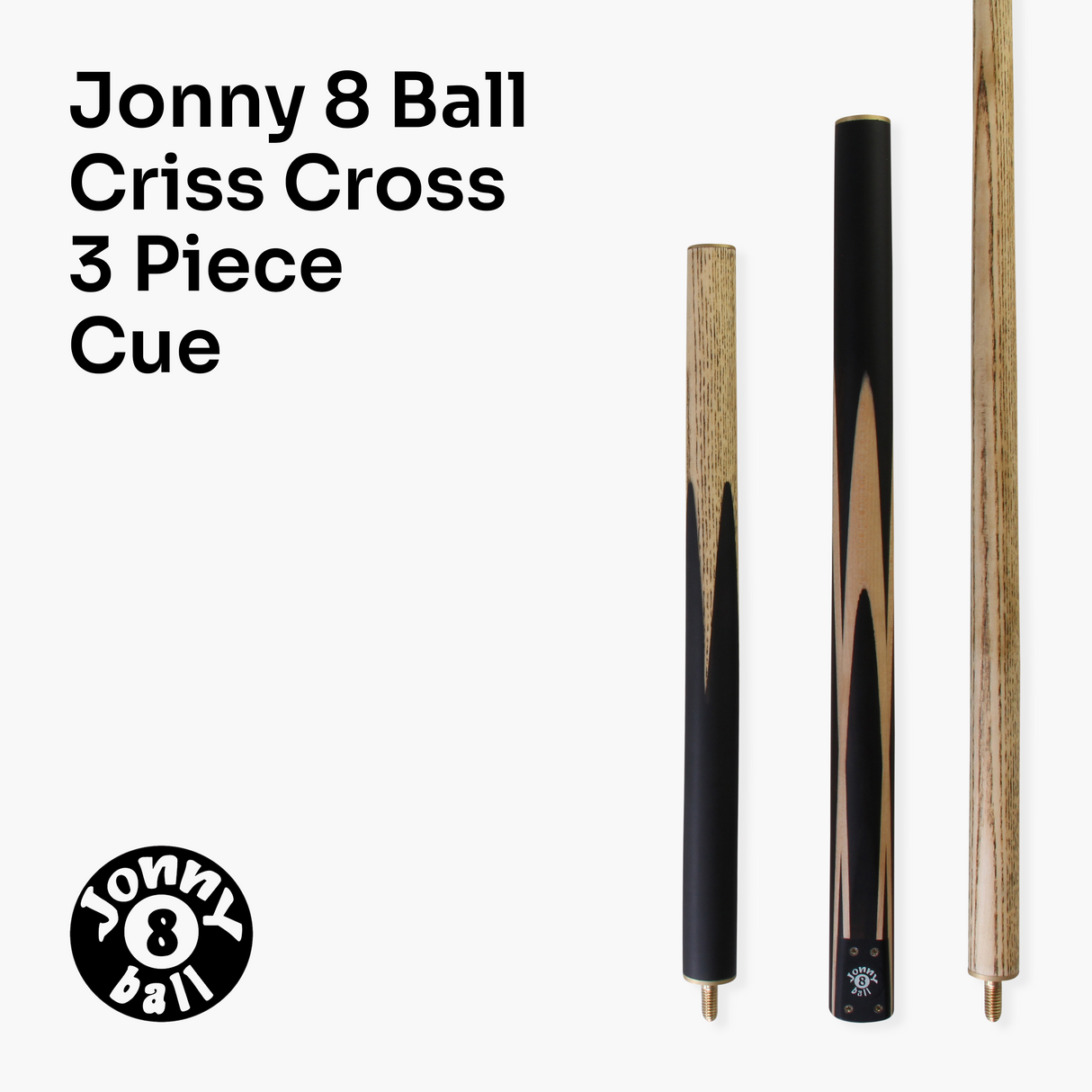 Jonny 8 Ball 57 Inch 3 Piece Length Adjustable Snooker Pool Cue 9mm Tip - Shorten to 44"