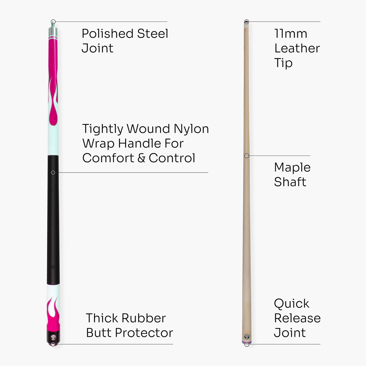 Jonny 8 Ball FLAME 58 Inch 2 Piece Snooker Pool Cue with Maple Shaft 11mm Tip