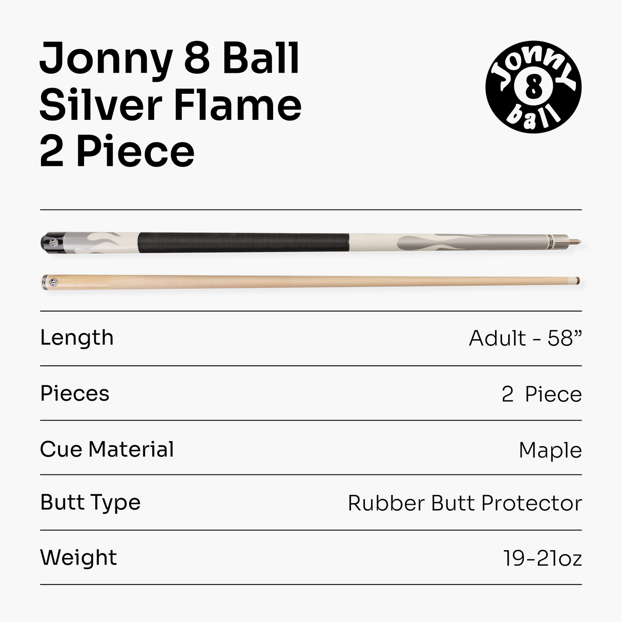 Jonny 8 Ball FLAME 58 Inch 2 Piece Snooker Pool Cue with Maple Shaft 11mm Tip